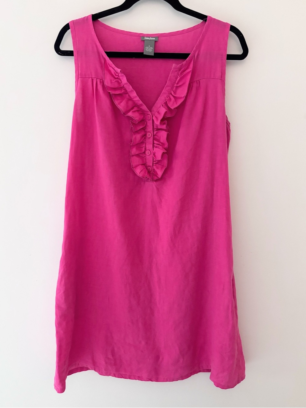 Neiman Marcus 100% Linen Size M Hot Pink Sleeveless V neck Dress With Ruffle